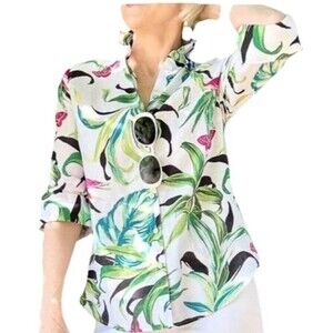 Chico's Womens Size XL Button Down Shirt Linen Tropical Print Blouse No Iron